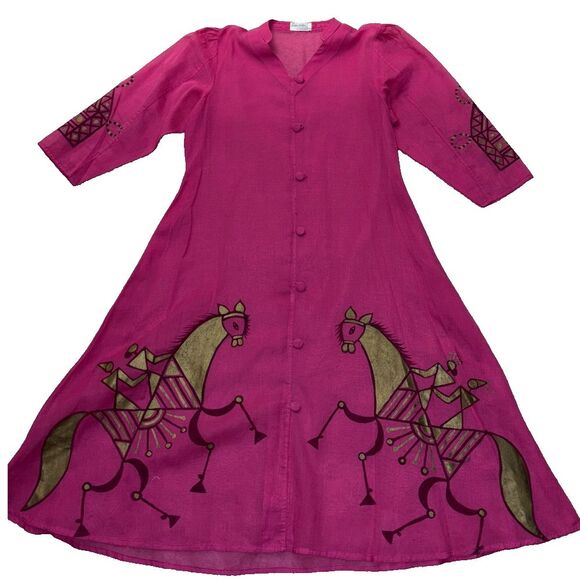 Surinder Creations Pink Hand Painted Horse Print Dress Sheer Bohemian Cover Up - Picture 2 of 12